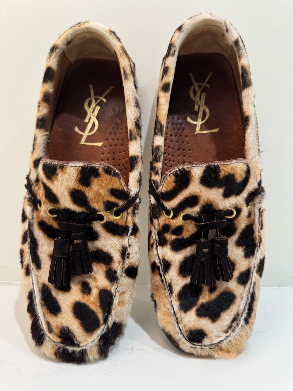 Authentic, no wear marks YSL Leopard-Print Tassel Loafers - Brown/Tan
